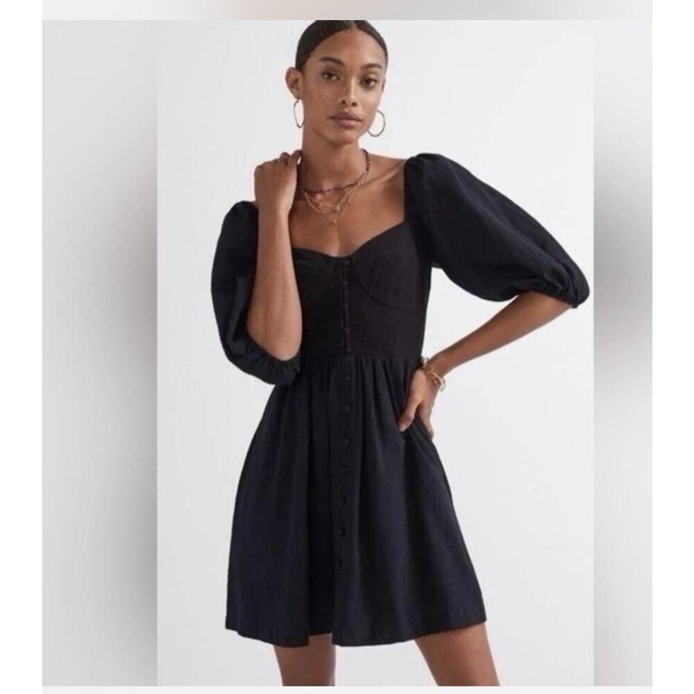 Anthropologie Maeve Puff-Sleeved Sweetheart Babydoll Mini Dress Black Small